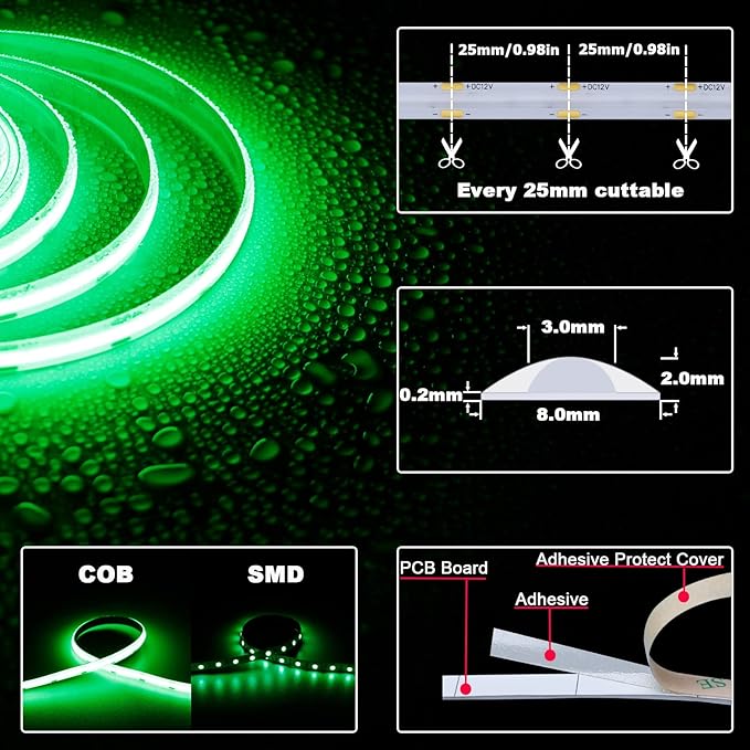 TOPAI 12V COB LED Strip Light Green Waterproof IP65 Super Bright 16.4ft Boat LED Lights Dotless 480LED/M Cuttable Flexible for Pontoon, Yacht, Kayak, Home Lighting Projects
