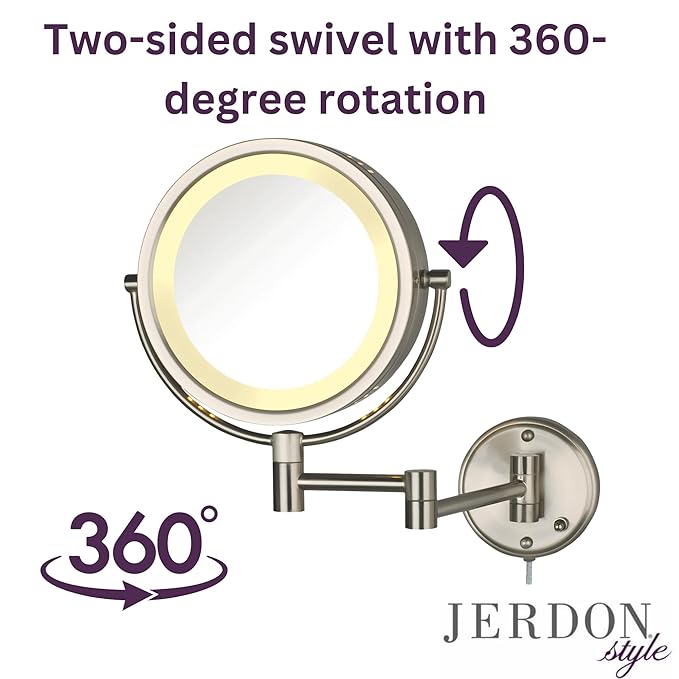 JERDON Wall-Mounted Makeup Mirror with LED Lighting - Direct Wire Lighted Makeup Mirror with 8X Magnification & Nickel Finish Wall Mount - Model HL75ND