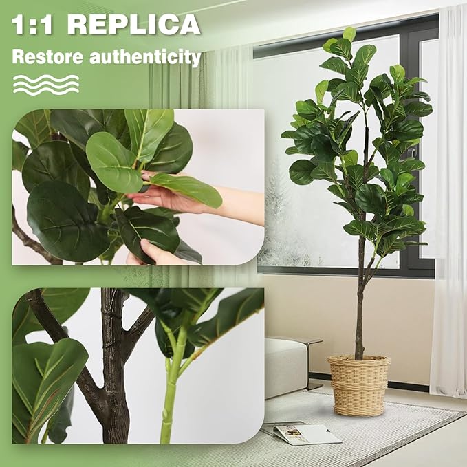 Faux Fiddle Leaf Fig Tree 6ft(74in) Artificial Floor Plant for Indoor Decor Realistic Potted Tree with Texture Silk Leaves and Natural Wood Trunk for Home Living Room,Office Perfect Housewarming Gift