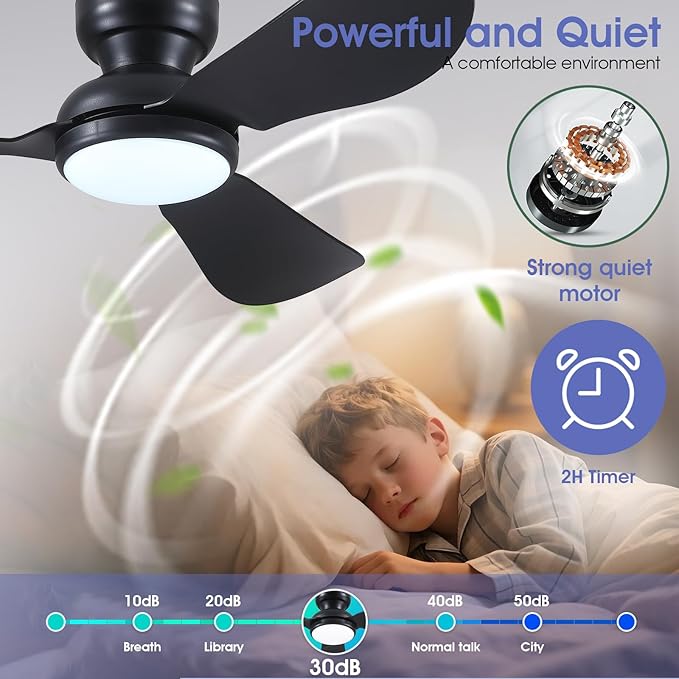 46 Inch Modern Ceiling Fans with Lights, Flush Mount Ceiling Fan with Remote/APP Control, 3 Reversible Curved Blades, 6 Speeds, 3 CCT Dimmable Lights for Bedroom Kitchen, Black