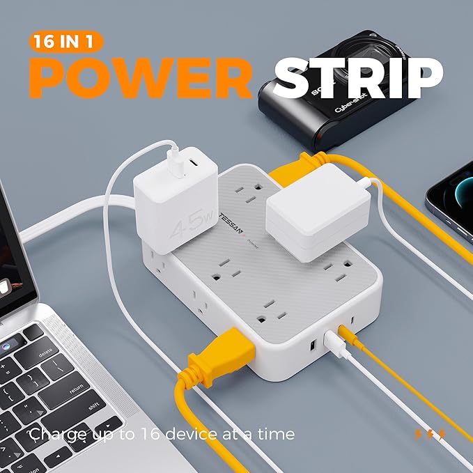 TESSAN Surge Protector Power Strip, 5FT Flat Extension Cord with Multiple Outlets, 12 Outlet Extender with 4 USB (2 USB-C), Flat Plug Power Strip, 1800J Surge Protection, Office, Dorm Essentials