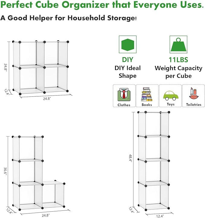 C&AHOME Cube Storage Organizer, 4-Cube Shelving Units, DIY Closet Storage, Modular Book Shelf, Ideal for Bedroom, Living Room, Office, 24.8" L x 12.4" W x 24.8" H Translucent White SBTM3004A