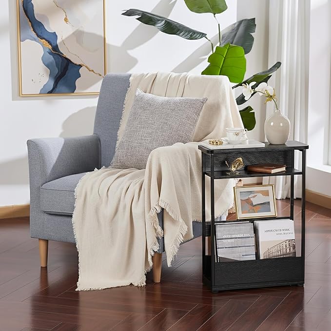 Vintage Narrow Side Table with Storage Shelf, 3 Tier Slim End Table Modern Sofa Table for Narrow and Small Spaces, 24.6 Inch Height Bedside Table Nightstand (Black, Large)