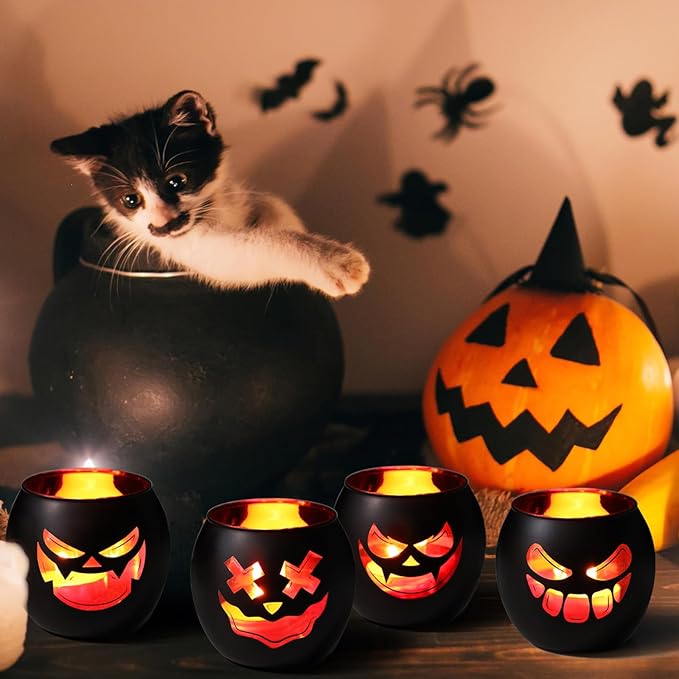 Black Halloween Table Centerpieces Candle Holders 12 PCS, Jack O Lantern Tealight Votive Candle Holders, Indoor Halloween Decorations for Mantel Coffe Table Decor