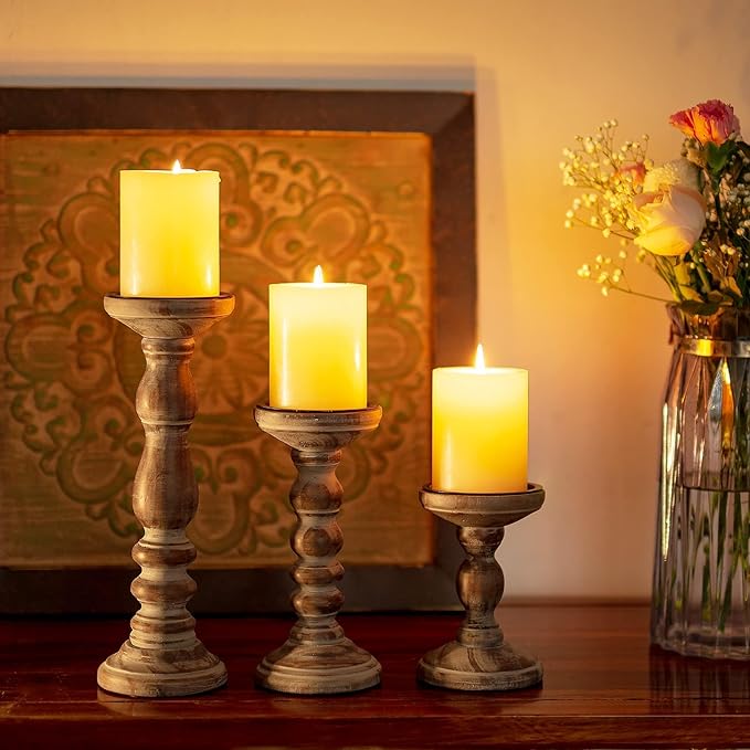 Wood Pillar Candle Holder: 3Pcs Rustic Candle Holders for Pillar Candles Wood Candle Holders Distressed Wooden Farmhouse Large Candle Holder for Fireplace Table (Brown, 6", 8", 12")