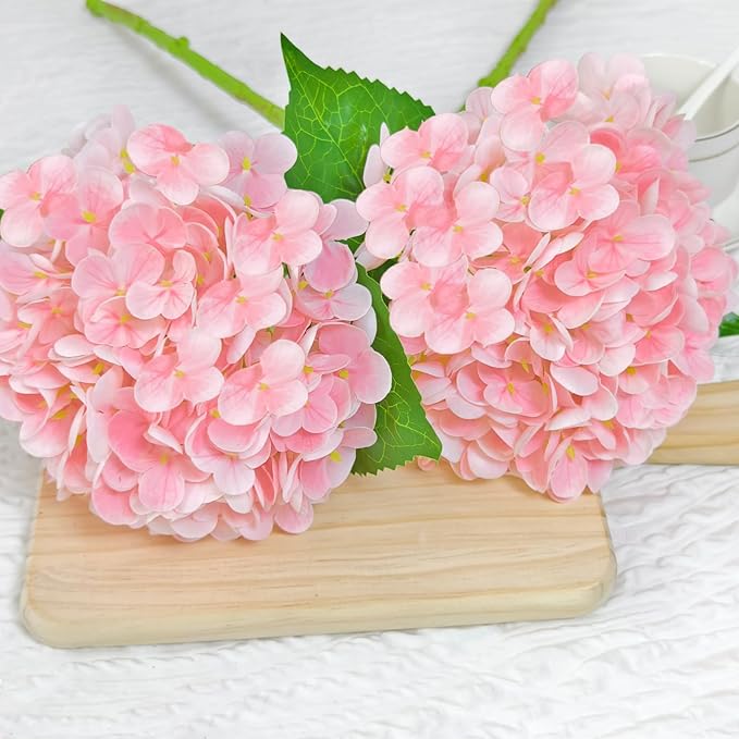 Real Touch Pink Hydrangea Artificial Flowers with Stems, Fake Silk Flowers for Outdoors, 3 Pcs Artificial Flowers for Home Decor Wedding Bouquets Centerpieces Vase