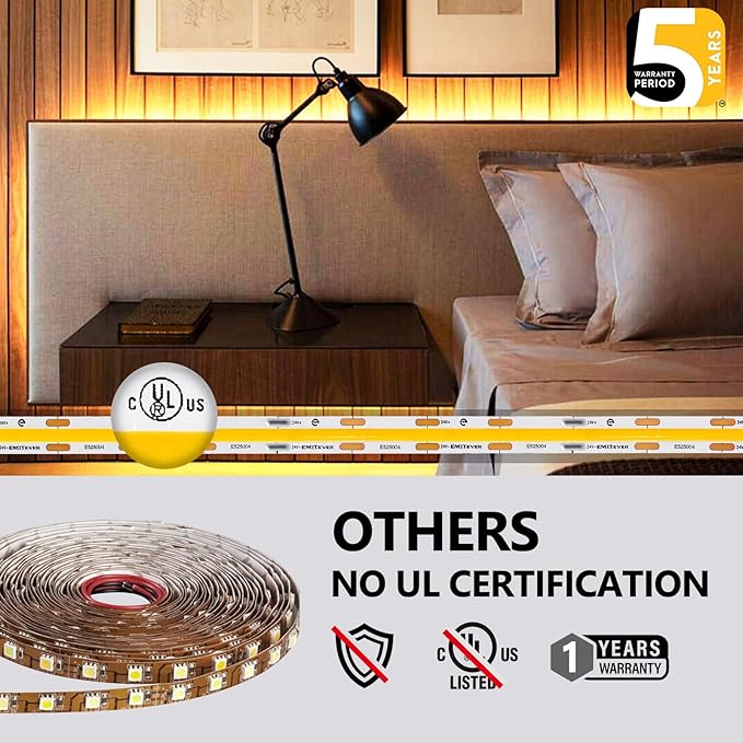 EMITEVER COB LED Strip Lights Warm White 32.8ft, 3000K 24V Dimmable Tape Light Premium High Density, 305LM+/ft, 4800LEDs, Ra 90+, 3W/FT, UL Listed for Cabinets, Shelves(Power Supply Sold Separately)
