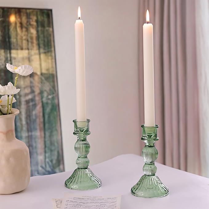 DARJEN 2 Pcs Green Candlestick Holders - Vertical Stripe Glass Candle Holders for Taper and Votive Candles, Taper Candle Holder for Home, Wedding, Decor & Table Centerpieces