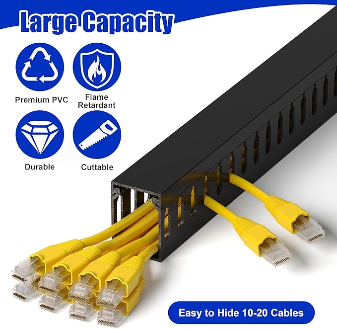 ZhiYo H1.6 x W1.2in Cable Raceway, 6.6ft (2xL3.3ft) Server Rack Cable Management Under Desk Cord Organizer, Electrical Safe PVC Cable Channel Open Slot Wire Raceway for Network/PC/TVs, Wire Duct Black