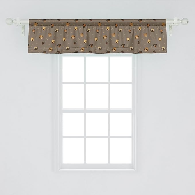 Ambesonne Dog Lover Window Valance Pack of 2, Repetitive Pattern of Pet Heads Paw Prints and Bones, Rod Pocket Curtain Valances for Kitchen Bedroom, 54" X 12", Taupe
