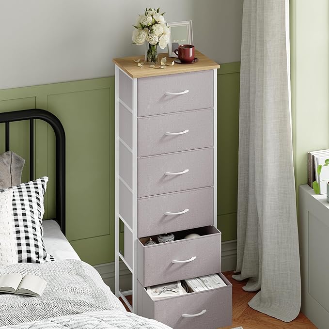 Somdot Tall Dresser for Bedroom with 6 Drawers, Storage Organizer Chest of Drawers with Removable Fabric Bins for Closet Bedside Living Room Laundry Entryway Hallway, Ash Grey