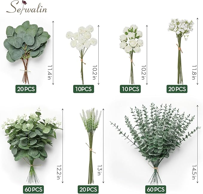 Serwalin 200 Pcs 7 Kinds Mixed Artificial Eucalyptus Leaves Stems Bulk Faux Silver Dollar Eucalyptus Leaves Real Touch Greenery Branches for Wedding Floral Arrangement Table Centerpieces Home Decor