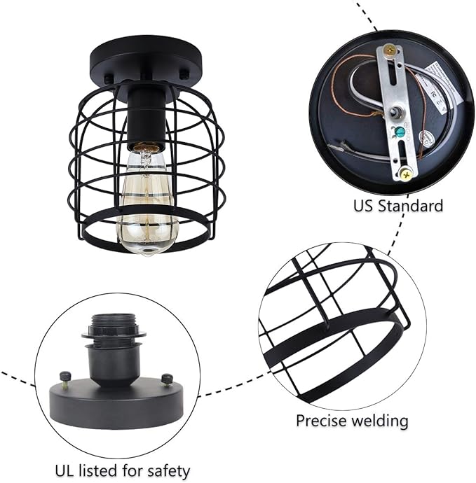Create For Life® Industrial Vintage Flush Mount Ceiling Light,Rustic Metal Cage Pendant Lighting Lamp Fixture for Hallway Stairway Kitchen Garage, E26, Black Painting Finish