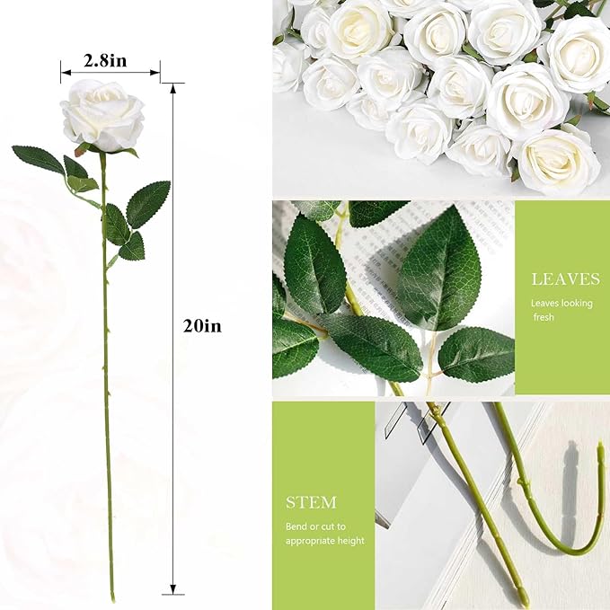 120 Pcs Artificial Roses Bulk Velvet Silk White Roses White Roses for Wedding Centerpieces Bridal Bouquet Mohter's Day Home Decor (120, White)