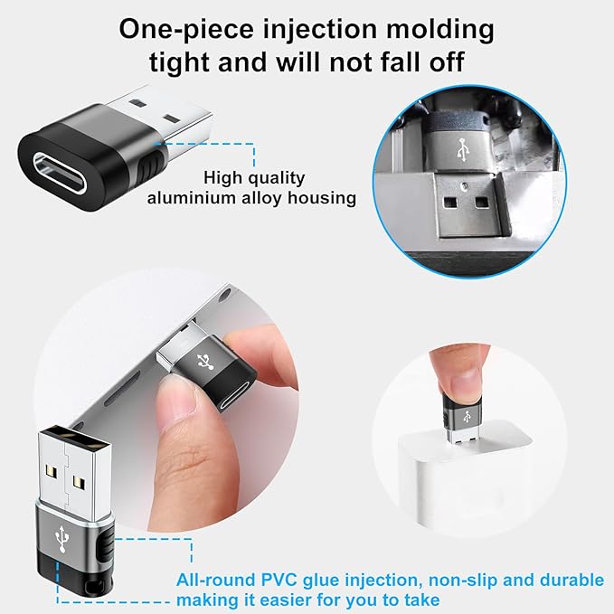 USB C Female to USB Male Adapter 6 Pack,USB to USBC Adapter,A to C Charger Converter,USB OTG Adaptor for iPhone 16 15 14,MacBook,Laptop,PC,Tablet,Phones(Grey)