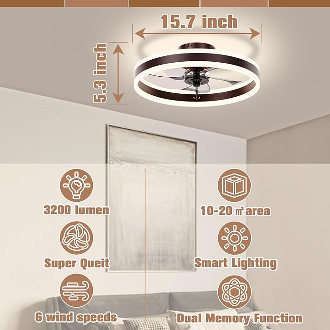 VOLISUN Fandelier Ceiling Fans with Lights and Remote, 15.7in Low Profile Ceiling Fan Flush Mount, 3000K-6500K Dimmable Bladeless LED Fan Light, Brown Modern Ceiling Fans with Lights for Bedroom