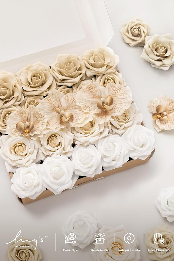 Ling's moment Artificial Flowers Fake Silk Orchid Faux Foam Roses Combo for DIY Wedding Bouquets Centerpieces Arrangements Bridal Shower Party Home Decorations, Tawny Beige & Sand Beige, 21pcs