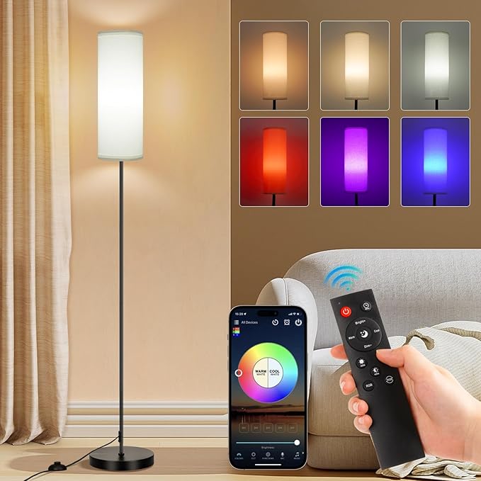 FRIDEKO HOME Floor Lamp, Color Changing Ambient Lighting for Living Room & Gaming Decor, Smart Standing Lamp with App & Remote Control, Tall Corner Lamp for Bedroom, 9W 800LM, Foot Switch, White Shade