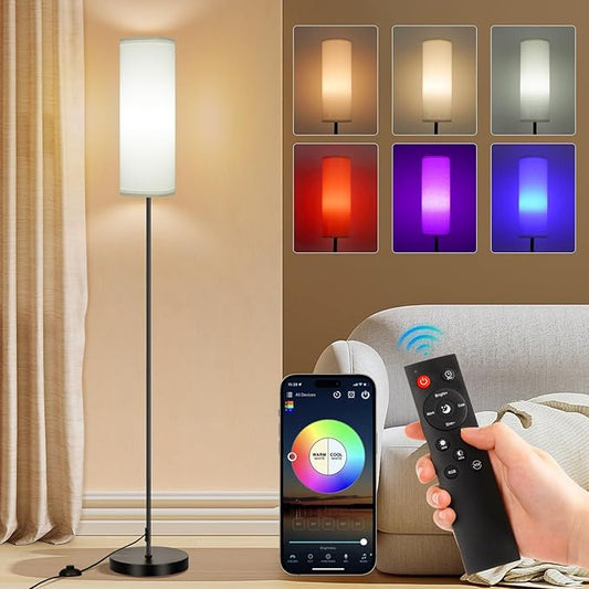 FRIDEKO HOME Floor Lamp, Color Changing Ambient Lighting for Living Room & Gaming Decor, Smart Standing Lamp with App & Remote Control, Tall Corner Lamp for Bedroom, 9W 800LM, Foot Switch, White Shade