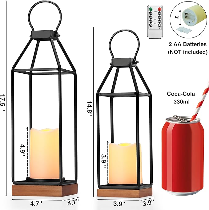 Perfnique Metal Lanterns w/ Pine Wood, Set of 2 Farmhouse Lantern Decorative w/ Waterproof Flameless Candle & Remote Timer, Modern Farmhouse Candle Holder for Outdoor, Porch, Fireplace(Wood Base)