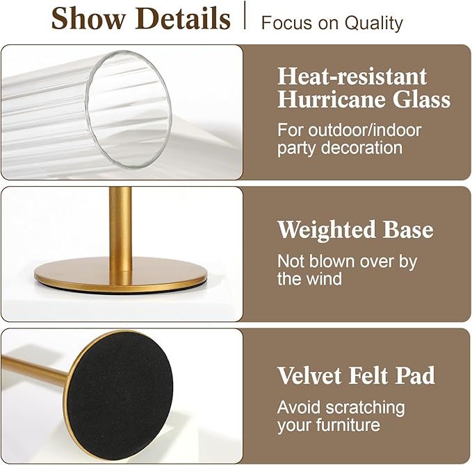 Glass Hurricane Candle Holders Set (18pcs)-Gold Metal Base Taper Candle Stick Holders for Candlesticks Holder Decor, Elegant Dining Table Centerpiece for Wedding, Christmas & Home Decor-Ribbed Glass