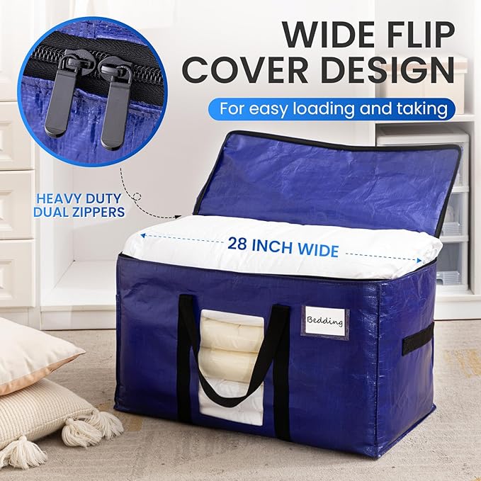 TAILI 2 Pack Dark Blue Extra Large Moving Bags, Heavy Duty Totes with Visible Window, Wrap Around Handles, Great for Storage