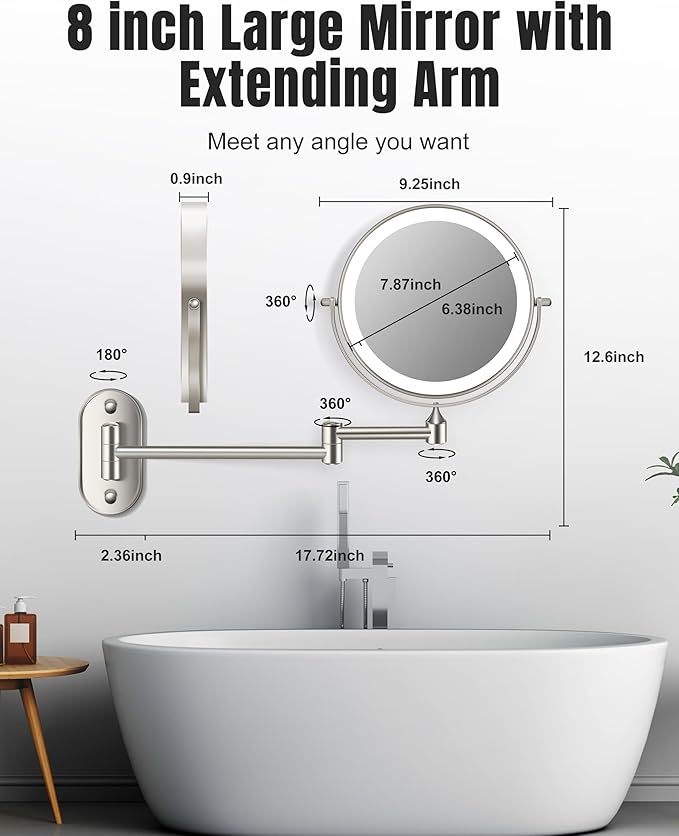 Wall Mounted Makeup Mirror with Light, 20X/1X 8'' Double Sided LED Magnifying Bathroom Lighted Vanity Mirror with Magnification, 3 Color Light up Touch Dimmable Extended Arm 360 Rotation
