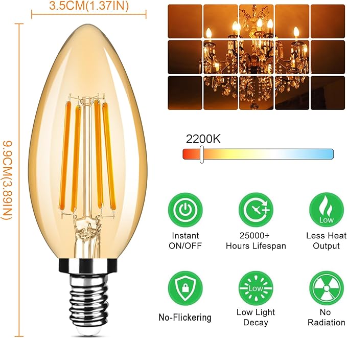 24-Pack Dimmable E12 LED Candelabra Bulbs 40Watt Equivalent, 2200K Amber Warm White, 380Lumens, 4W B11 Amber Chandelier Light Bulbs, LED Filament Clear Glass Candle Lamp for Ceiling Fan Home Decor