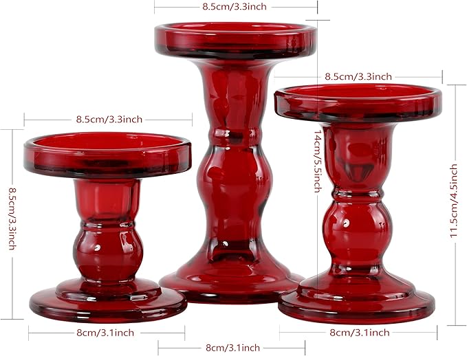 GMWD 3 Pcs Red Glass Candle Holder Set Clear, Christmas Candlesticks Holders Pillar Taper Candles Tealight Stand for Wedding Centerpieces Home Decorations Dining Table