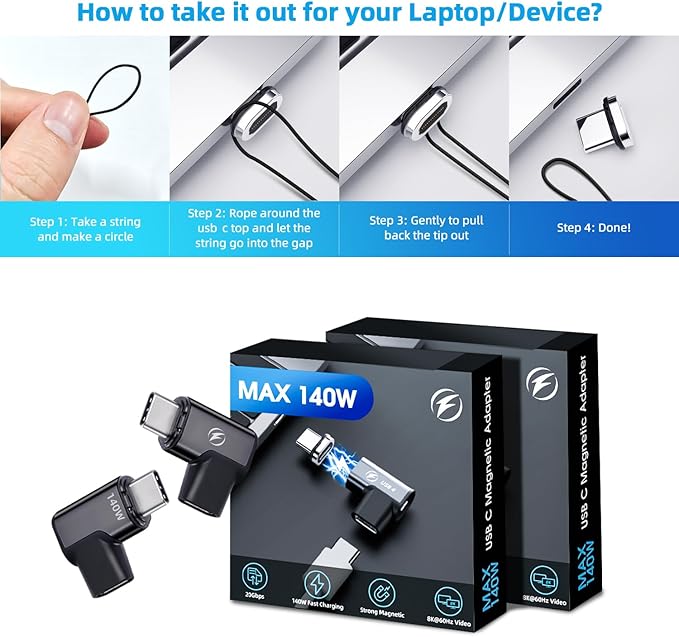 USB Type C Magnetic Adapter, (2 Pack) Magnetic USB C Adapter 24 Pin with PD 140w USBC 4 20Gbps Data Transfer 8K 60Hz for MacBook Pro/Air, Steam Deck, Quest 2, RoG Ally and More Type C Devices