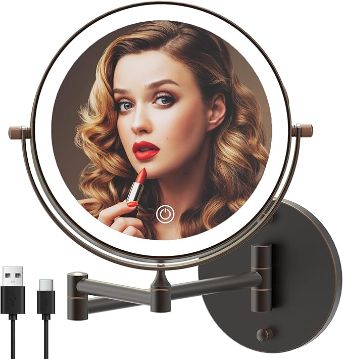 Rechargeable Wall Mounted Lighted Makeup Vanity Mirror 8 Inch Double Sided 1X 10X Magnifying Bathroom Mirror, 3 Color Lighting, Touch Screen Dimming, 360 Rotation Oil Rubbed Bronze