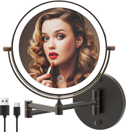 Rechargeable Wall Mounted Lighted Makeup Vanity Mirror 8 Inch Double Sided 1X 10X Magnifying Bathroom Mirror, 3 Color Lighting, Touch Screen Dimming, 360 Rotation Oil Rubbed Bronze