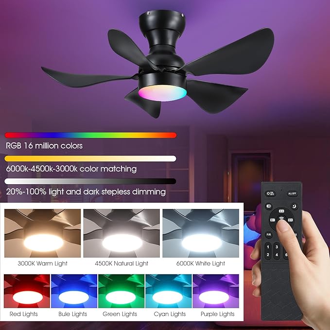 Ceiling Fans with Lights and Remote/APP Control, 30 inch Low Profile Ceiling Fans with Dimmable White Colors and RGB Lighting, 6 Speeds 5 Curved Blades for Kids Room Bedroom Bar, Black