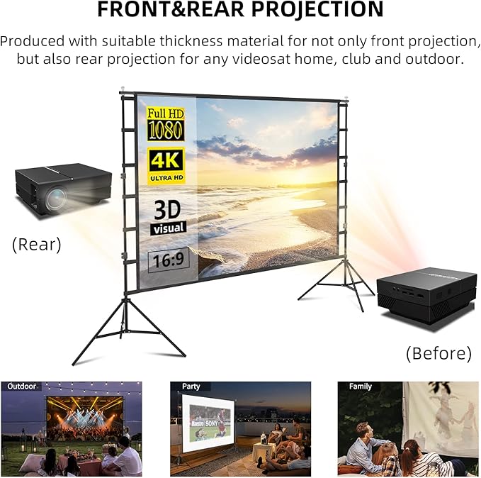 Giant 150 inch Portable Projector Screen with Dual Stand, 4K HD Front/Rear Projection Movie Screen for Backyard Theaters and Camping, Foldable Anti-Crease Fabric with Carry Bag