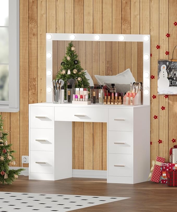 Irontar Vanity Table, Makeup Desk with Lighted Mirror, Dressing Desk with Drawers and Adjustable Brightness, 3 Color Lighting Modes, Vanity Desk for Women(White)