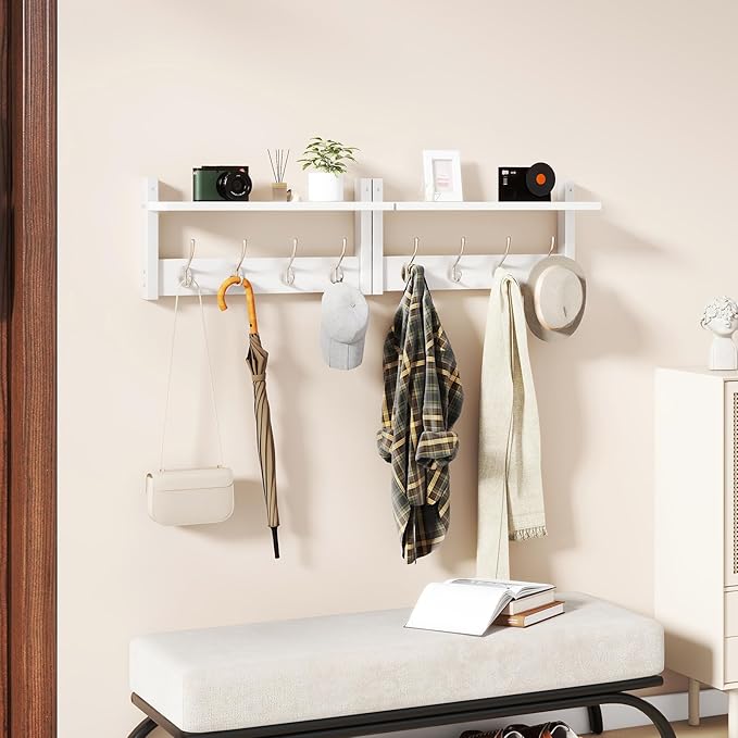 YMYNY Coat Rack Shelf Wall Mounted, Coat Hooks Set of 2, Entryway Coat Hanger with 4 Double Hooks, 31.5" Wall Floating Shelf with Hat Rack, for Kitchen, Bedroom, Bathroom, White UHWS001W-2