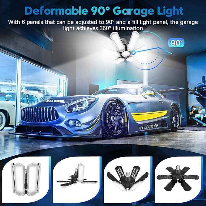 TANBABY 2 Pack LED Garage Lights, 150W Deformable Best Ceiling Shop Lights, 15000LM LED Light 6500K Garage Lighting with 6+1 Adjustable Panels Bulb for Basement