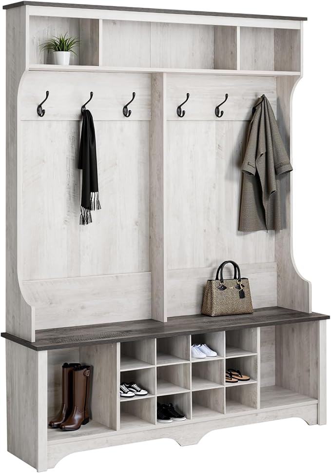 Prepac Farmhouse Washed White Hall Tree, Shoe Cabinet, Storage Cabinet with 12 Shoe Cubbies, 2 Boot Cubbies and 6 Double Coat Hooks 15.5" D x 60" W x 77" H