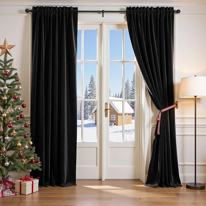 Lazzzy Velvet Blackout Curtains Thermal Insulated Room Window Drapes Super Soft Luxury Curtains for Living Room Bedroom Rod Pocket 2 Panels, Black, 42" W x 84" L