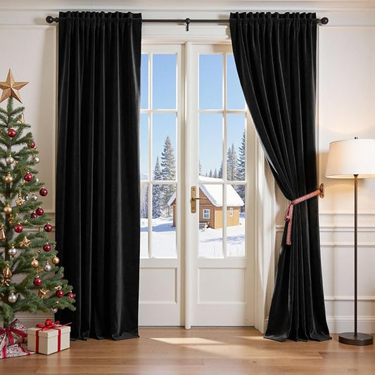 Lazzzy Velvet Blackout Curtains Thermal Insulated Room Window Drapes Super Soft Luxury Curtains for Living Room Bedroom Rod Pocket 2 Panels, Black, 62" W x 84" L