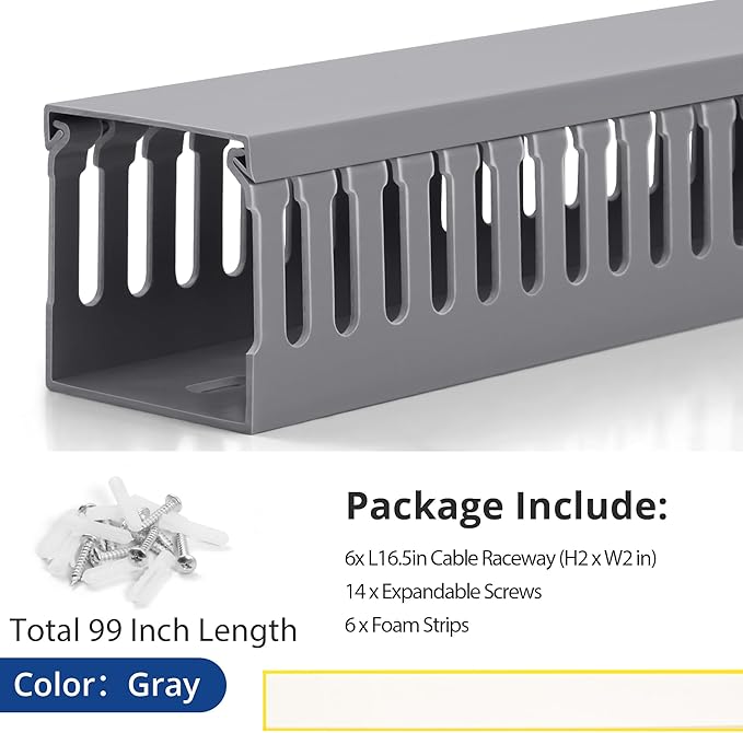 ZhiYo 2 x 2in Professional Server Rack Cable Management Raceway, 99in(6X L16.5in) Cable Raceway Kit, Electrically Safe PVC Open Slot Wire Raceway for Under Desk/Computer/Network Cords, Grey