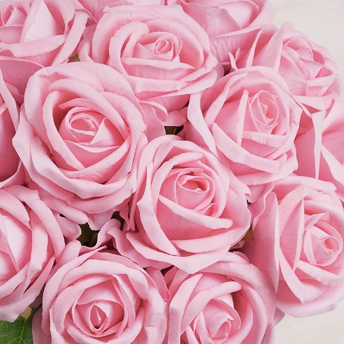 BLEUM CADE 50 Pcs Pink Roses Artificial Flowers, Real Touch Velvet Roses Fake Flowers Bulk, Artificial Roses Bouquet with Long Stems Bridal DIY Wedding Party Centerpiece Decorations
