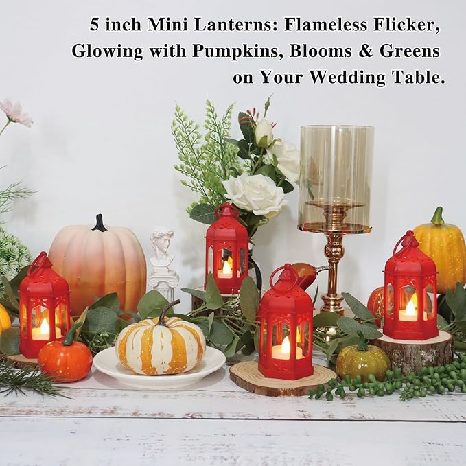LLQ 8 Pcs Mini Lantern Decor Moroccan Lantern with Flickering LED Candle Table Centerpiece Small Vintage Christmas Hanging Lamp Ornaments Bulk for Wedding Halloween Christmas Party (5 Inch,Red)