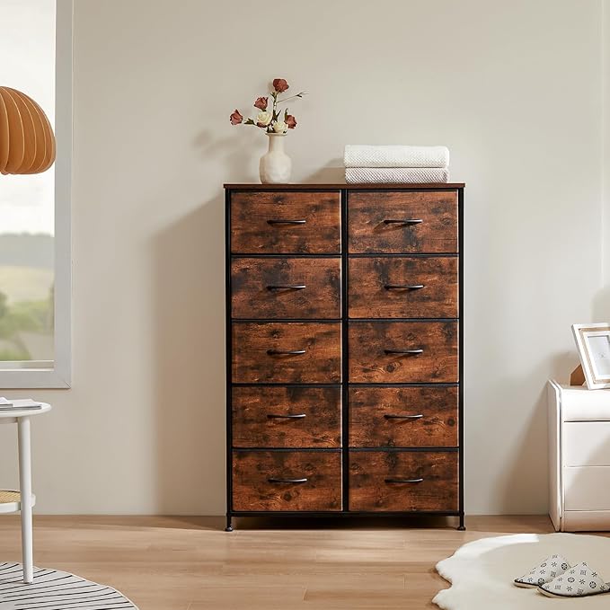 DUMOS Dresser for Bedroom, 10 Storage Drawers, Wide Fabric Closet Chests Organizer Tower Furniture with Wooden Top Metal Frame for Clothes, Guest Room, Living Room, Hallway, Entryway