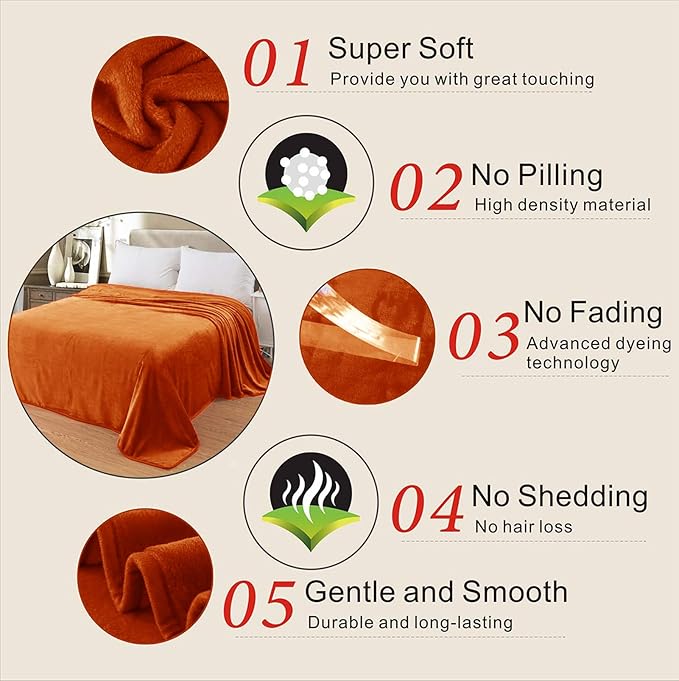 Fleece Blankets for All Season - Premium Lightweight Anti-Static Throw for Queen/Full Size Bed Extra Soft Brush Fabric Warm Sofa Thermal Blanket 90" x 90"(Orange)