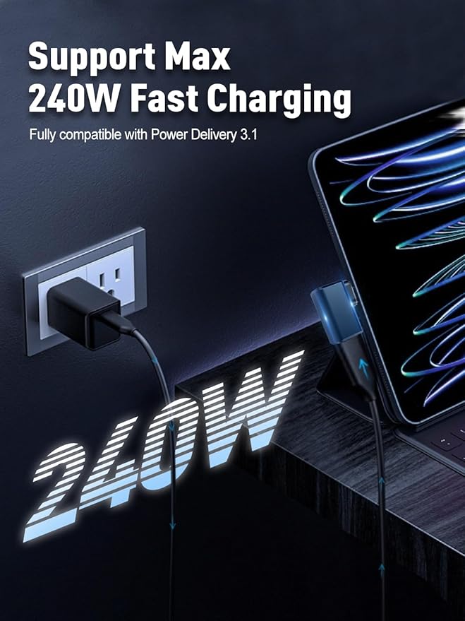 VCOM 90 Degree USB C Adapter 80Gbps, 240W USB C Right Angle Adapter, 8K@60Hz Video Display USB4 v2.0 90 Degree Type C Extender for Thunderbolt 5/4/3, iPhone 15/16, MacBook,Steam Deck, 2 Pack