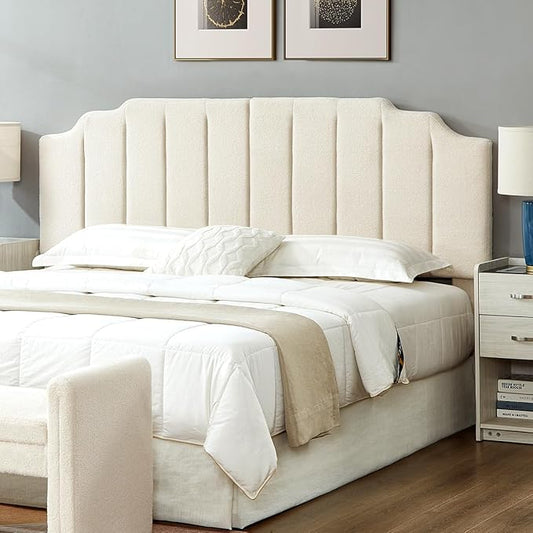 24KF Cream Teddy Fabric Tufted King Upholstered Headboard, Modern Vertical Channel Design California King Headboard with Stepped Silhouette Top Edge,6026-K-Teddy Cream