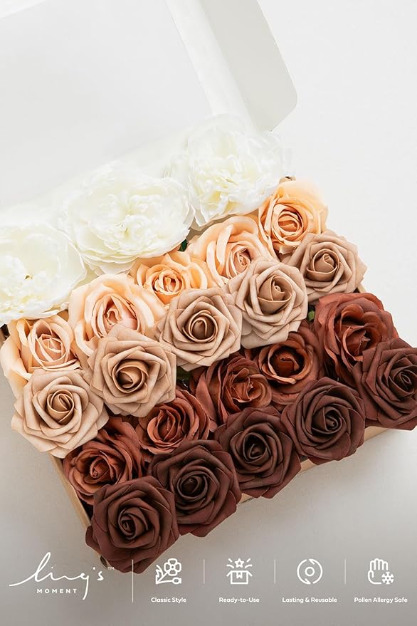 Ling's moment Artificial Flowers Fake Silk Peonies Faux Foam Roses Combo for DIY Wedding Bouquets Centerpieces Arrangements Bridal Shower Party Home Decorations, Dried Flower & Orange, 19pcs