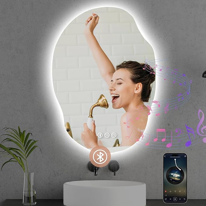 Irregular Led Bathroom Mirror with Bluetooth, 22 x 30 Inch Lighted Mirrors, Backlit Mirror with Anti-Fog, Memory Function, 3 Color Temperature, Dimmable Asymmetrical Led Mirror