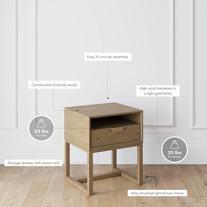 Nathan James Luke Modern Nightstand Side Accent or End Table with Storage Drawer, 1, Light Brown